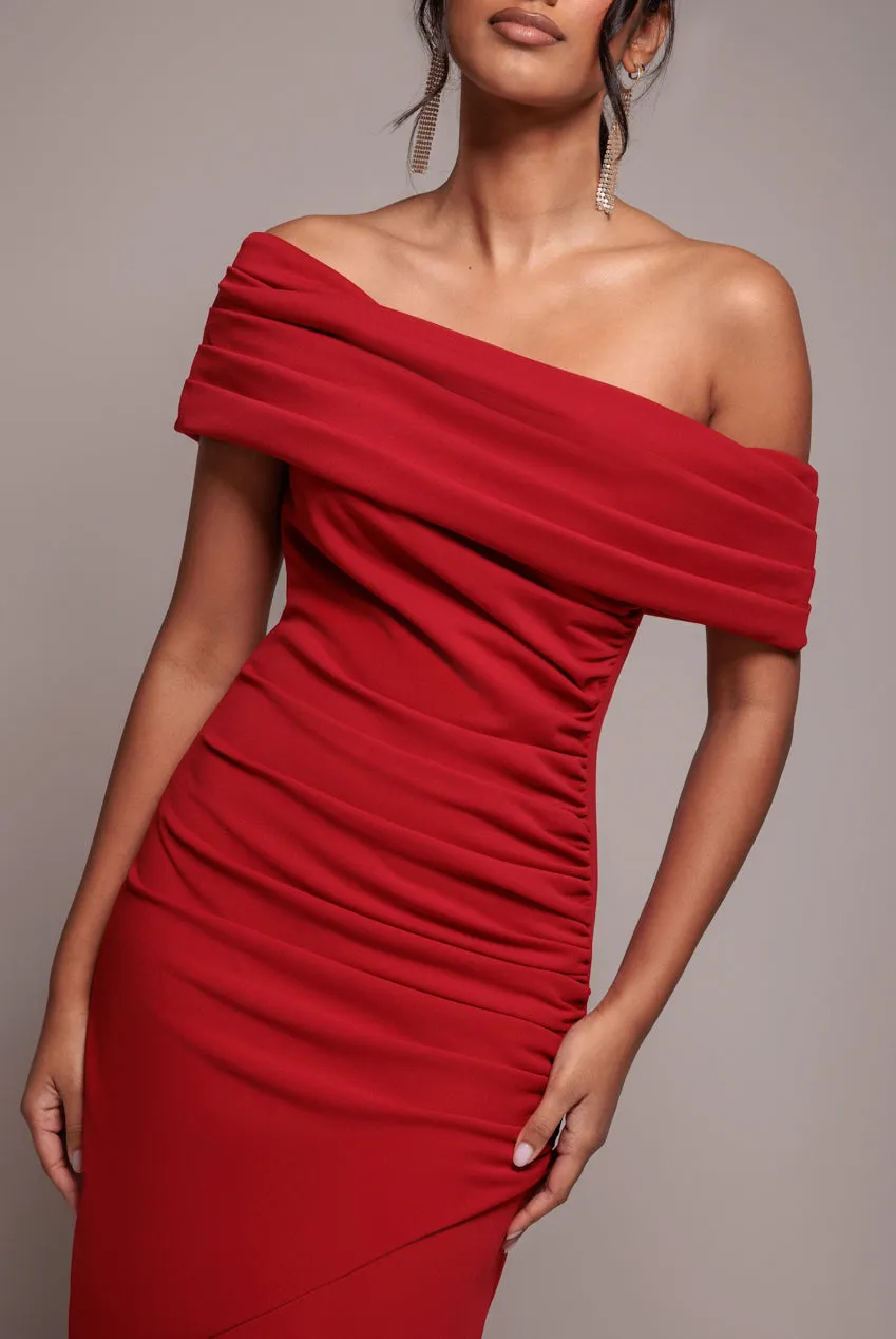 Pleated One Shoulder Bardot Fit And Flare Maxi Dress - Red by Goddiva sold by Goddiva product image thumbnail 3