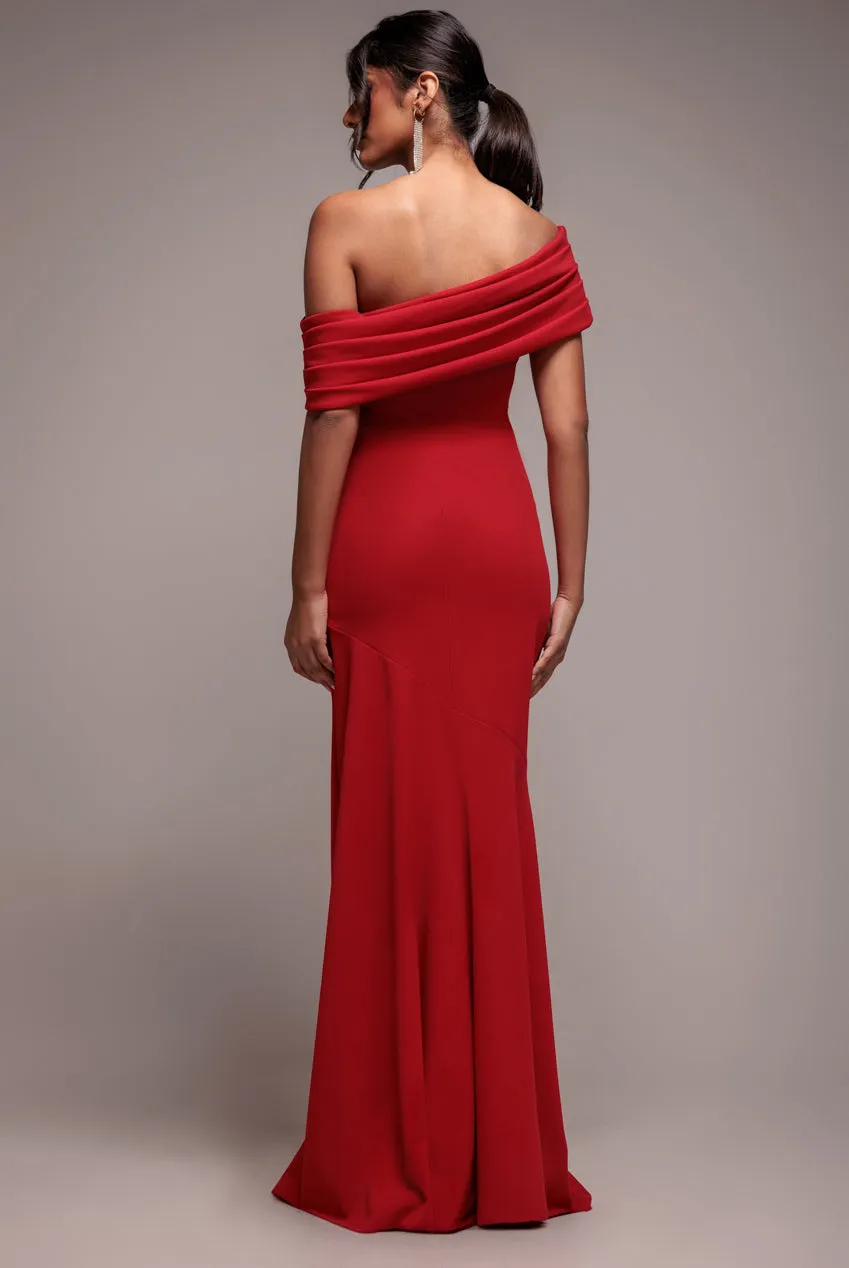 Pleated One Shoulder Bardot Fit And Flare Maxi Dress - Red by Goddiva sold by Goddiva product image thumbnail 2