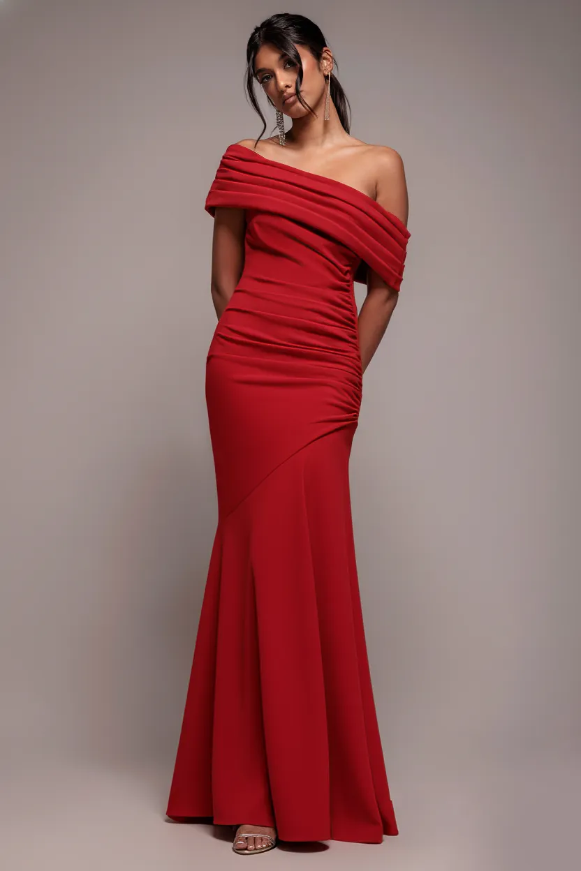 Pleated One Shoulder Bardot Fit And Flare Maxi Dress - Red by Goddiva sold by Goddiva