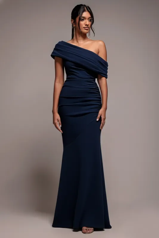 Pleated One Shoulder Bardot Fit And Flare Maxi Dress - Navy Blue by Goddiva sold by Goddiva