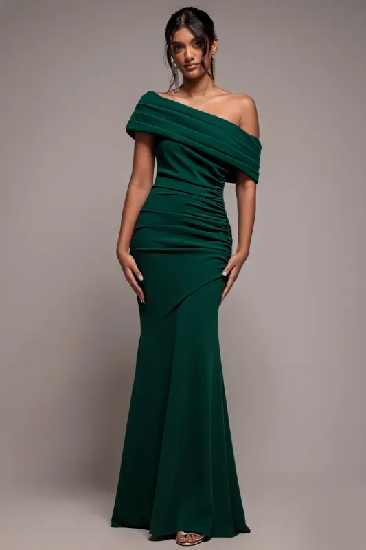 Pleated One Shoulder Bardot Fit And Flare Maxi Dress - Emerald Green by Goddiva sold by Goddiva