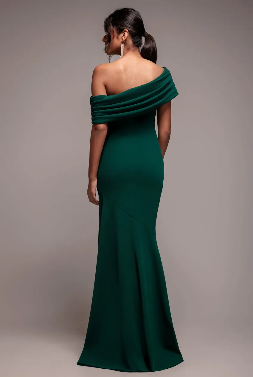 Pleated One Shoulder Bardot Fit And Flare Maxi Dress - Emerald Green by Goddiva sold by Goddiva product image thumbnail 2