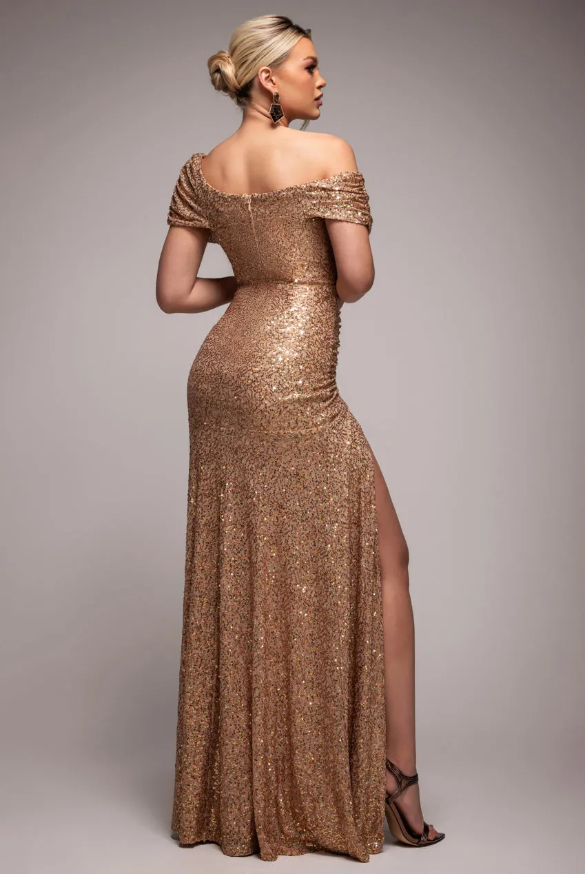 Off The Shoulder Sequin Cowl Drawstring Maxi Dress - Gold by Goddiva sold by Goddiva product image thumbnail 2