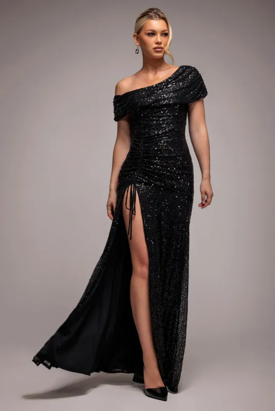 Off The Shoulder Sequin Cowl Drawstring Maxi Dress - Black by Goddiva sold by Goddiva
