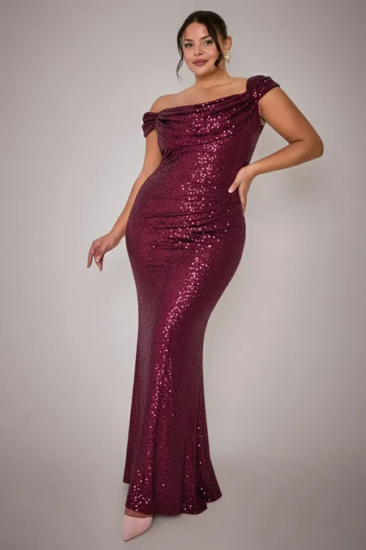 Cap Sleeve Iridescent Sequin Cowl Maxi Dress - Burgundy Red by Goddiva Plus sold by Goddiva