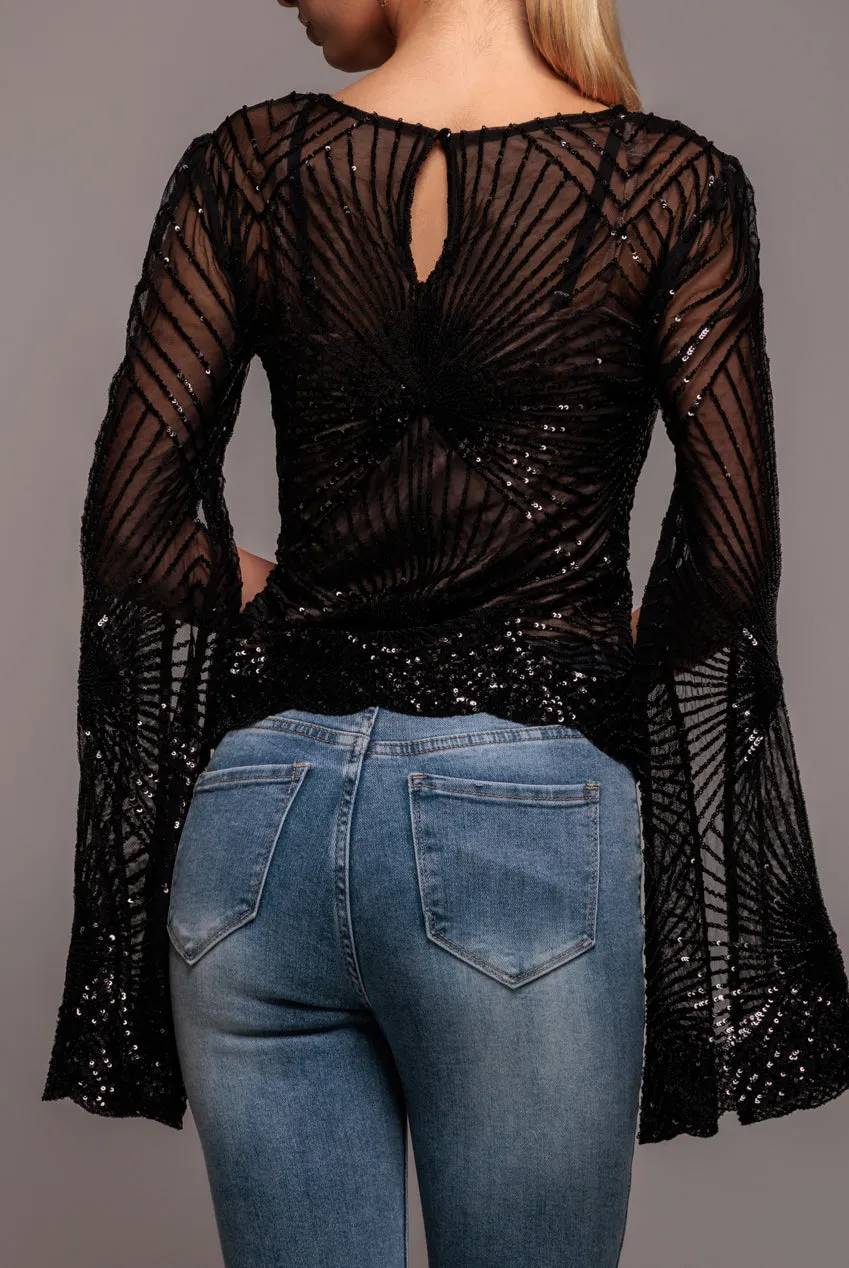 Sequin Starburst Cape Sleeve Top - Black by Goddiva sold by Goddiva product image thumbnail 4