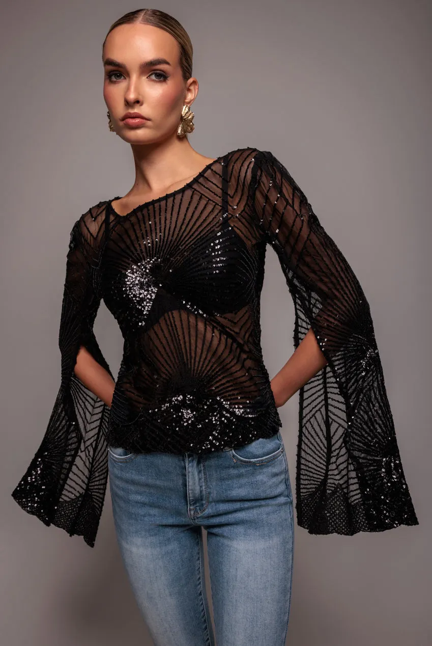 Sequin Starburst Cape Sleeve Top - Black by Goddiva sold by Goddiva
