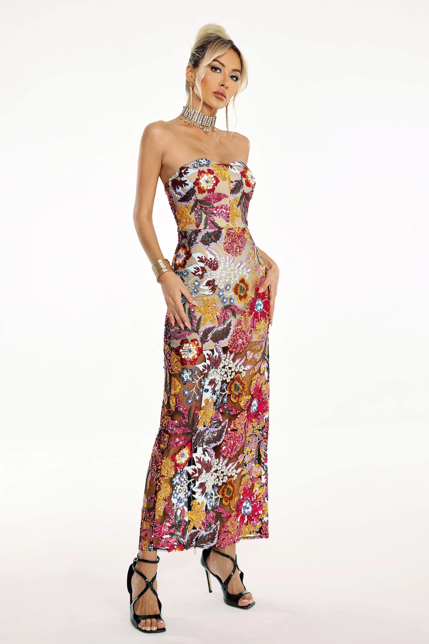 Satu Floral Glitter Maxi Dress by Bella Barnett sold by Goddiva