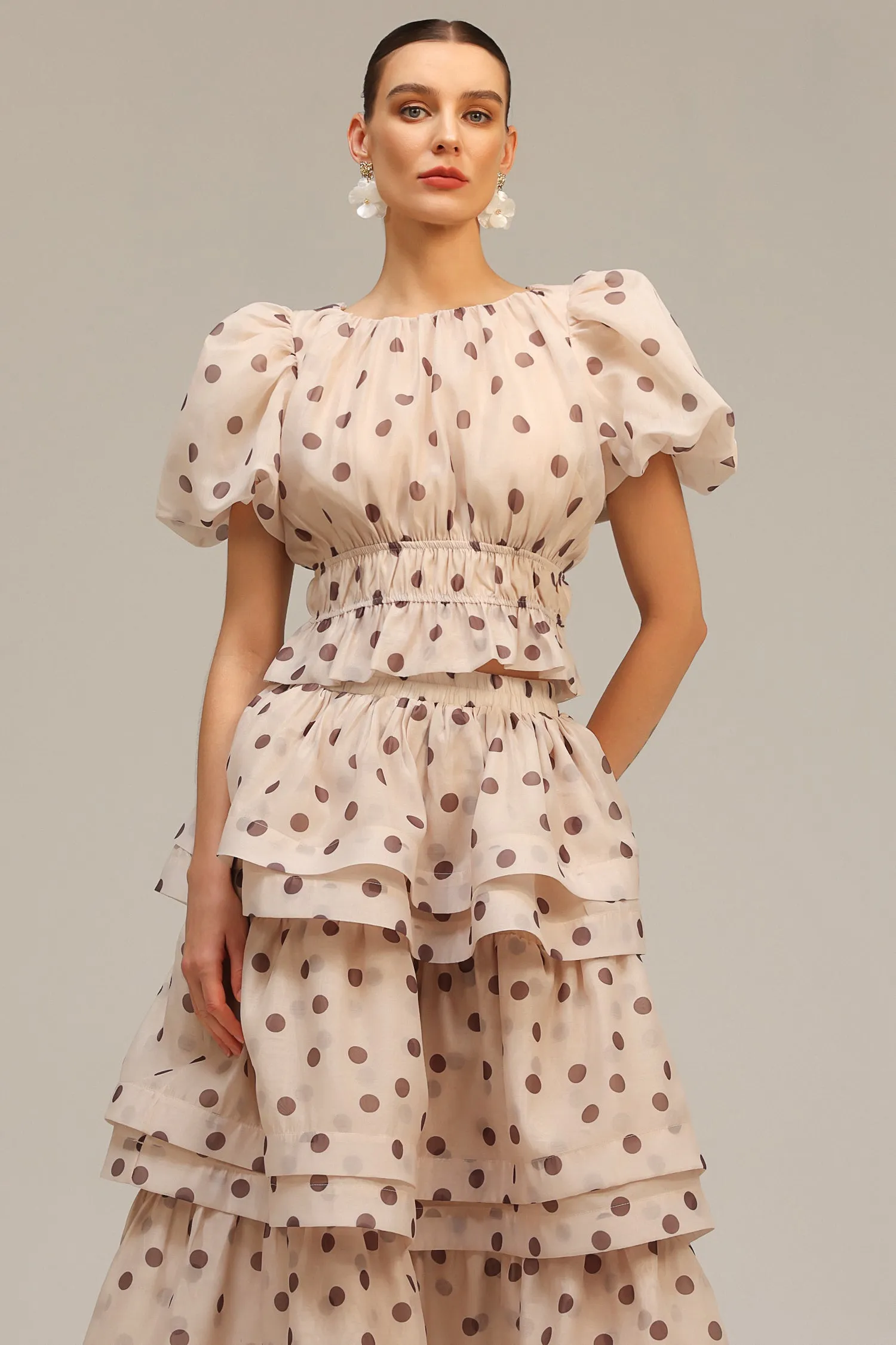 Willa Puff Sleeves Dot Printed Top And Skirt Two-Piece Set by Bella Barnett sold by Goddiva product image thumbnail 3