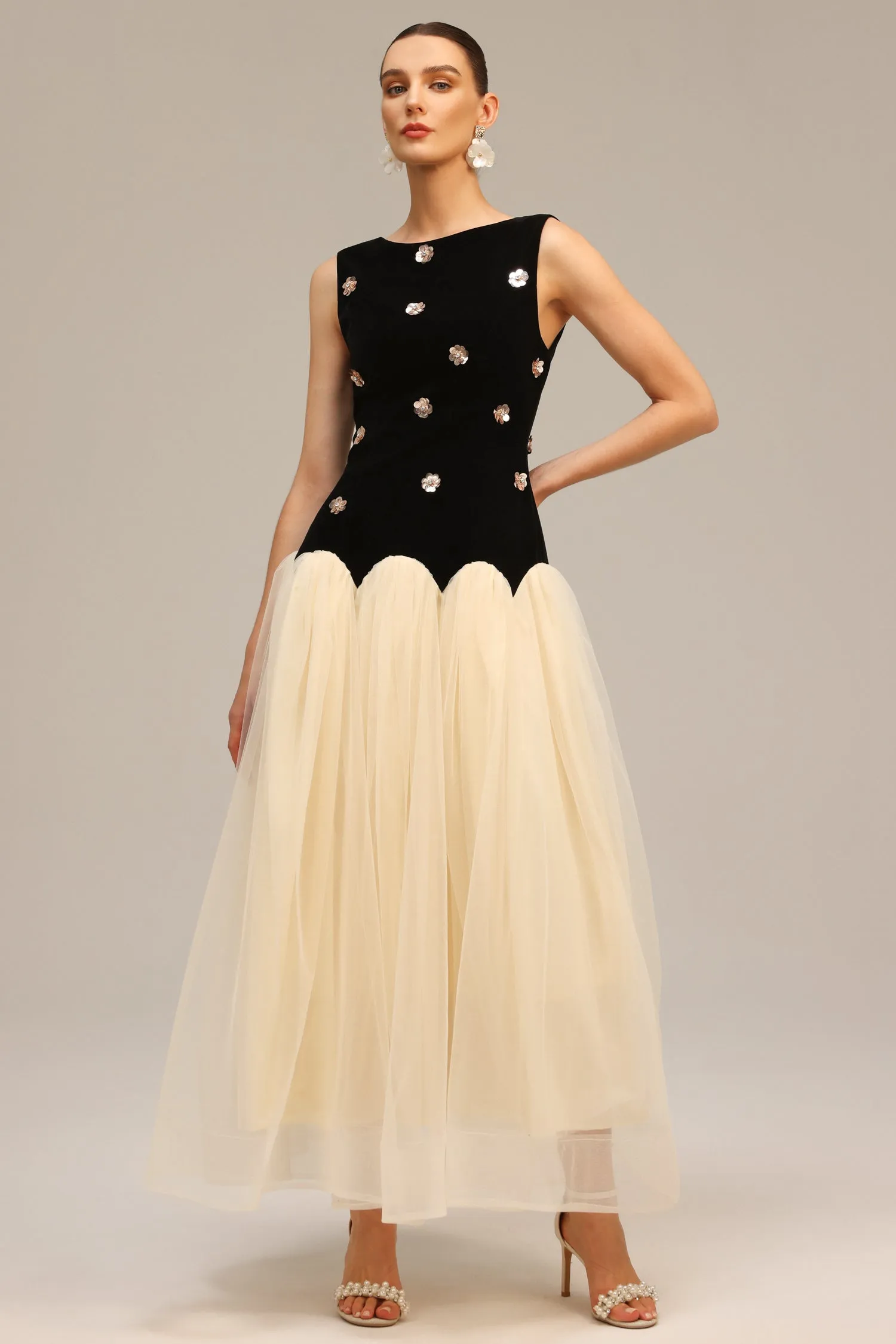 Roto Sleeveless Sequin Flowers Maxi Dress by Bella Barnett sold by Goddiva