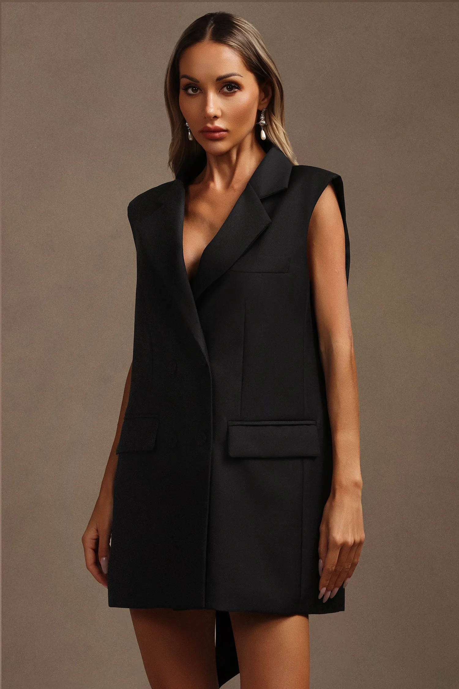 Livana Lapel Sleeveless Bowknot Mini Dress by Bella Barnett sold by Goddiva