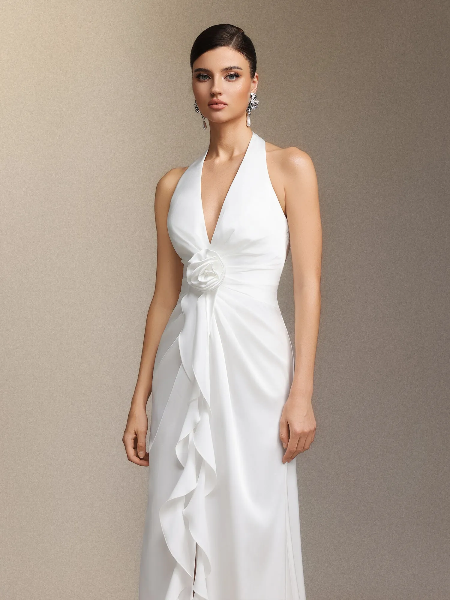 Salla Ruthie Halter-neck Three-dimensional Flower Ruffled Cinched Waist Maxi Dress by Bella Barnett sold by Goddiva product image thumbnail 4