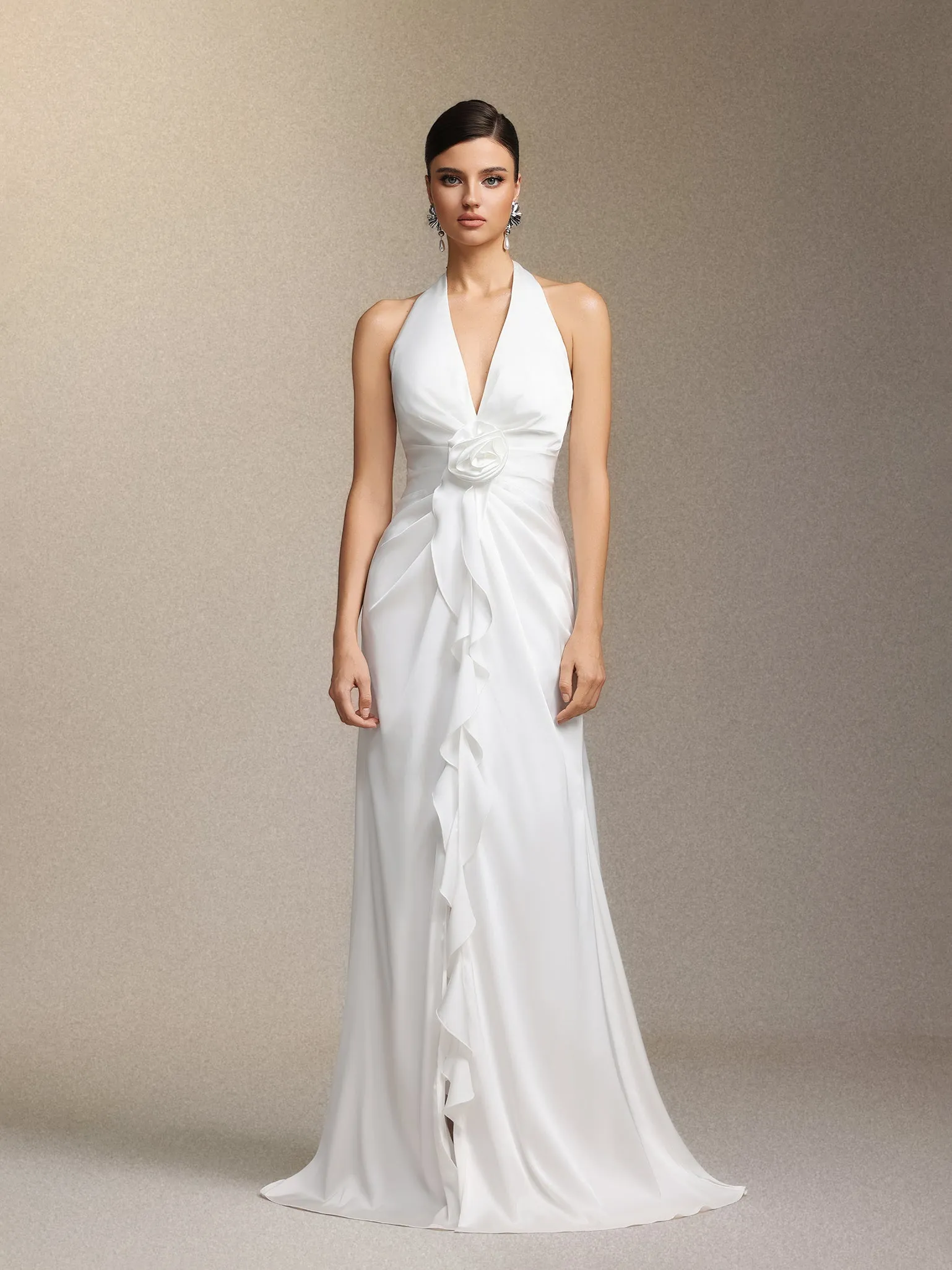 Salla Ruthie Halter-neck Three-dimensional Flower Ruffled Cinched Waist Maxi Dress by Bella Barnett sold by Goddiva