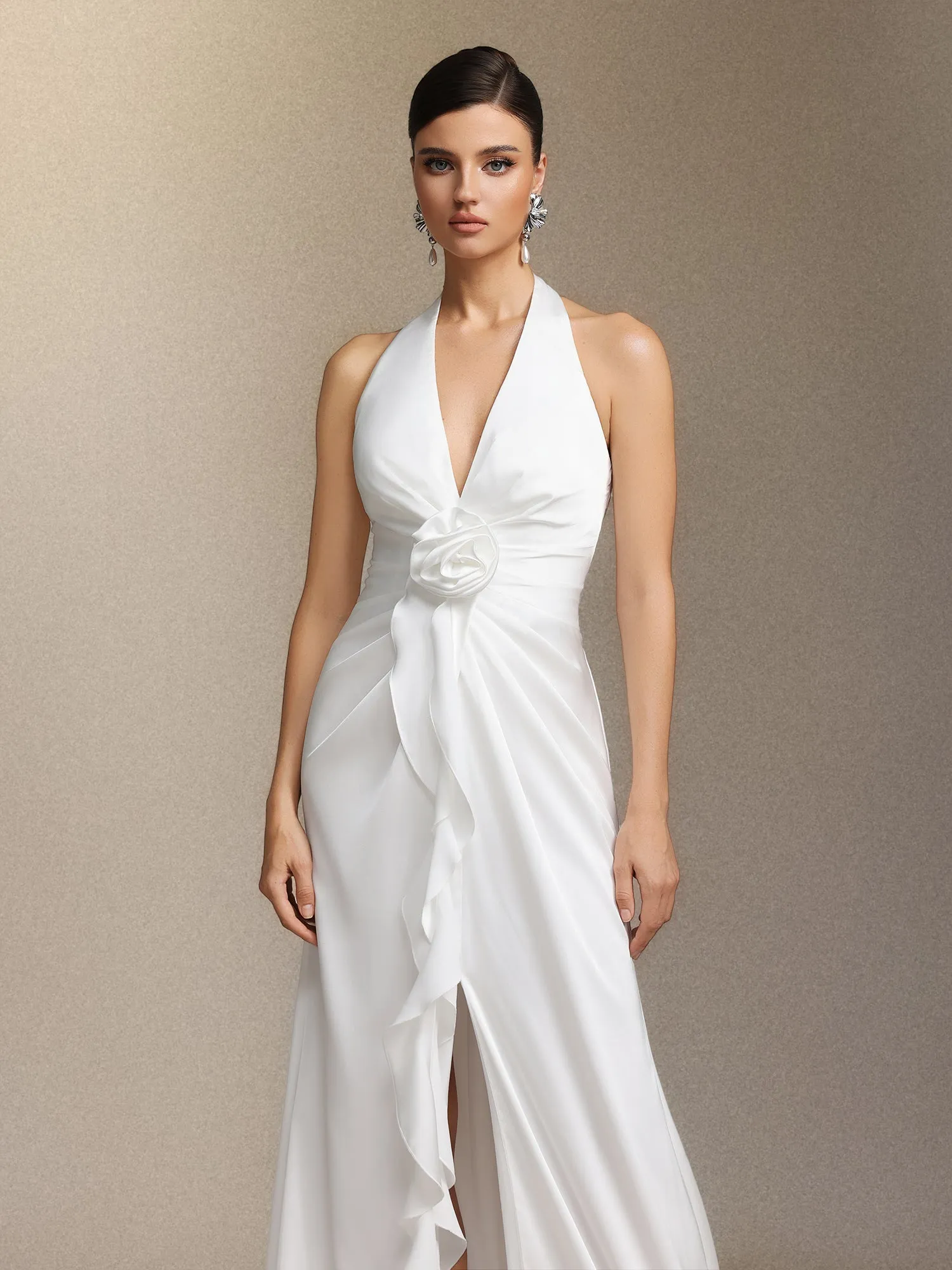 Salla Ruthie Halter-neck Three-dimensional Flower Ruffled Cinched Waist Maxi Dress by Bella Barnett sold by Goddiva product image thumbnail 5