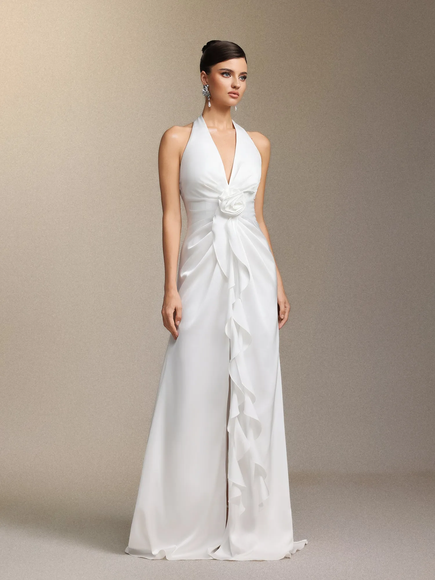 Salla Ruthie Halter-neck Three-dimensional Flower Ruffled Cinched Waist Maxi Dress by Bella Barnett sold by Goddiva product image thumbnail 2