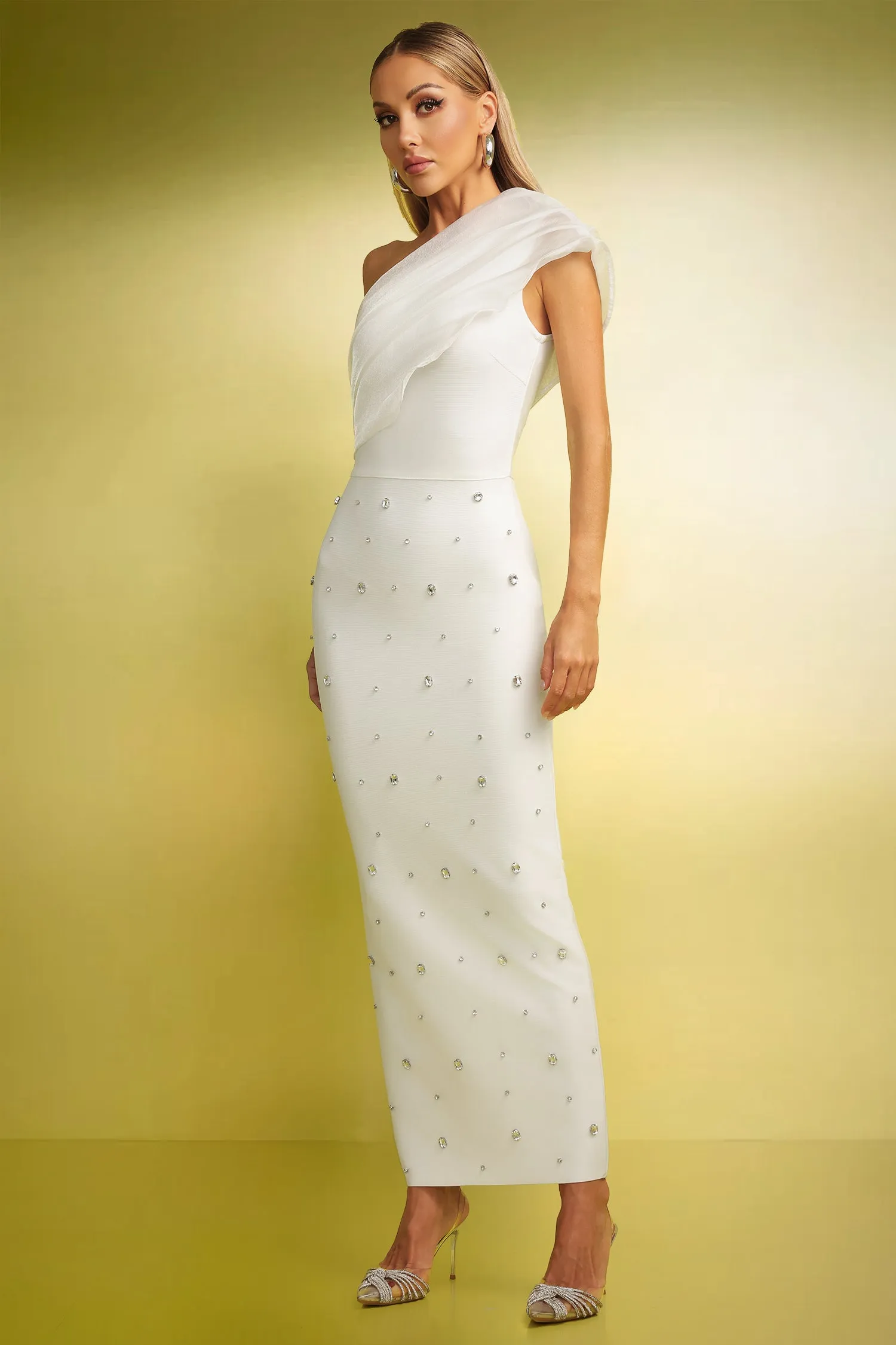 Pana One Shoulder Diamond Slim Bandage Maxi Dress by Bella Barnett sold by Goddiva product image thumbnail 2