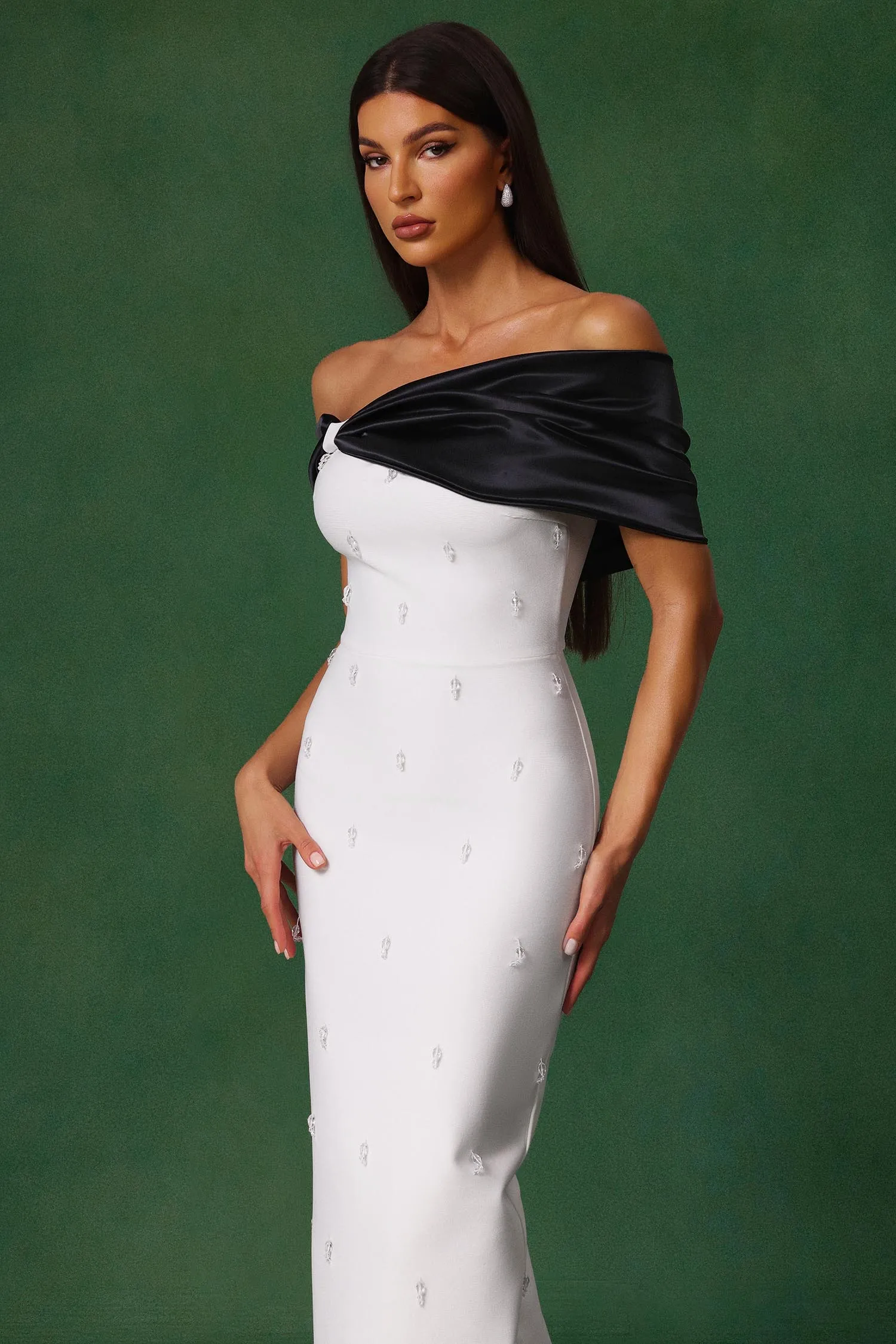 Sharla Off-The-Shoulder Diamond Bow Maxi Dress by Bella Barnett sold by Goddiva product image thumbnail 4