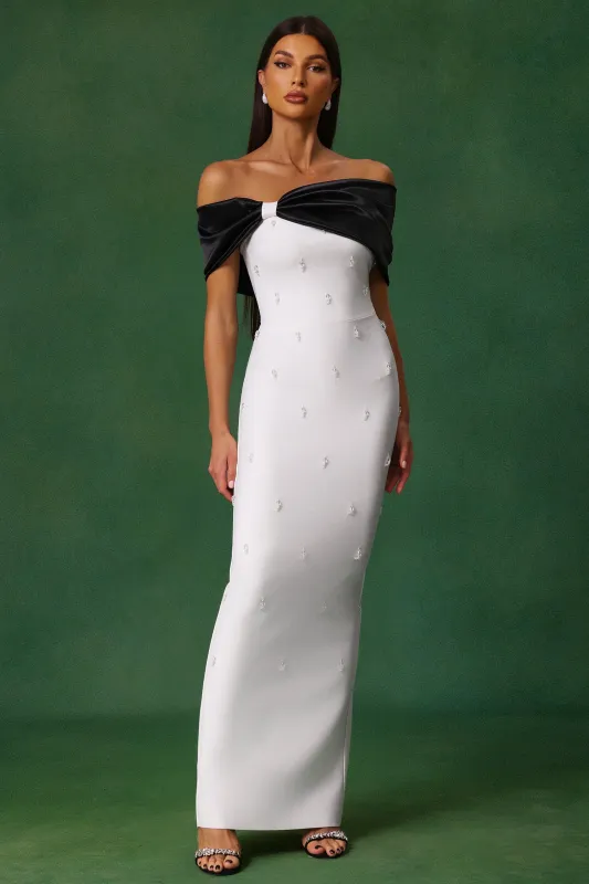 Sharla Off-The-Shoulder Diamond Bow Maxi Dress by Bella Barnett sold by Goddiva