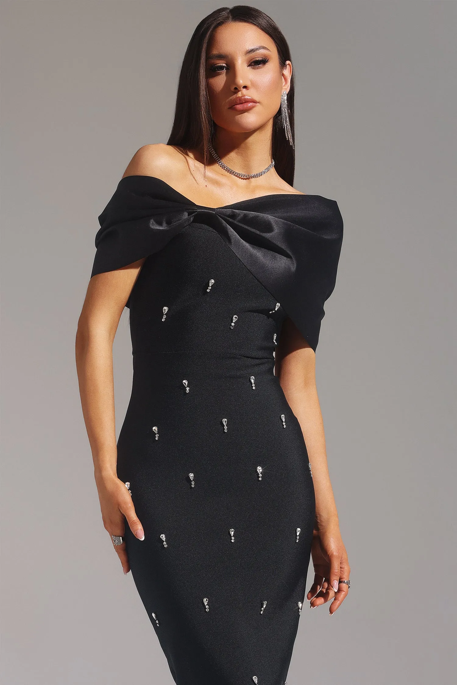 Palez Sleeveless One Shoulder Diamond Bow Bandage Maxi Dress by Bella Barnett sold by Goddiva product image thumbnail 3