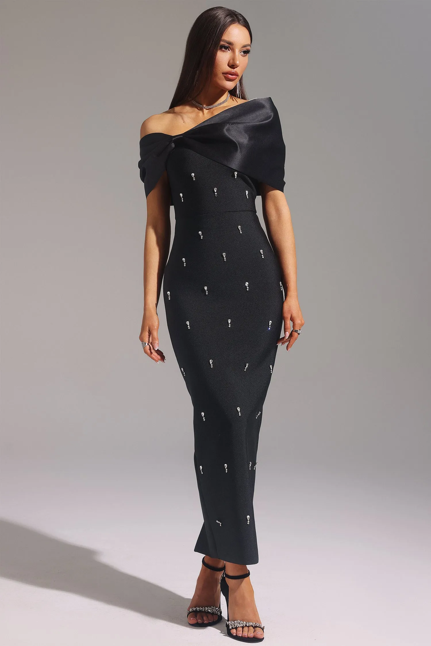 Palez Sleeveless One Shoulder Diamond Bow Bandage Maxi Dress by Bella Barnett sold by Goddiva