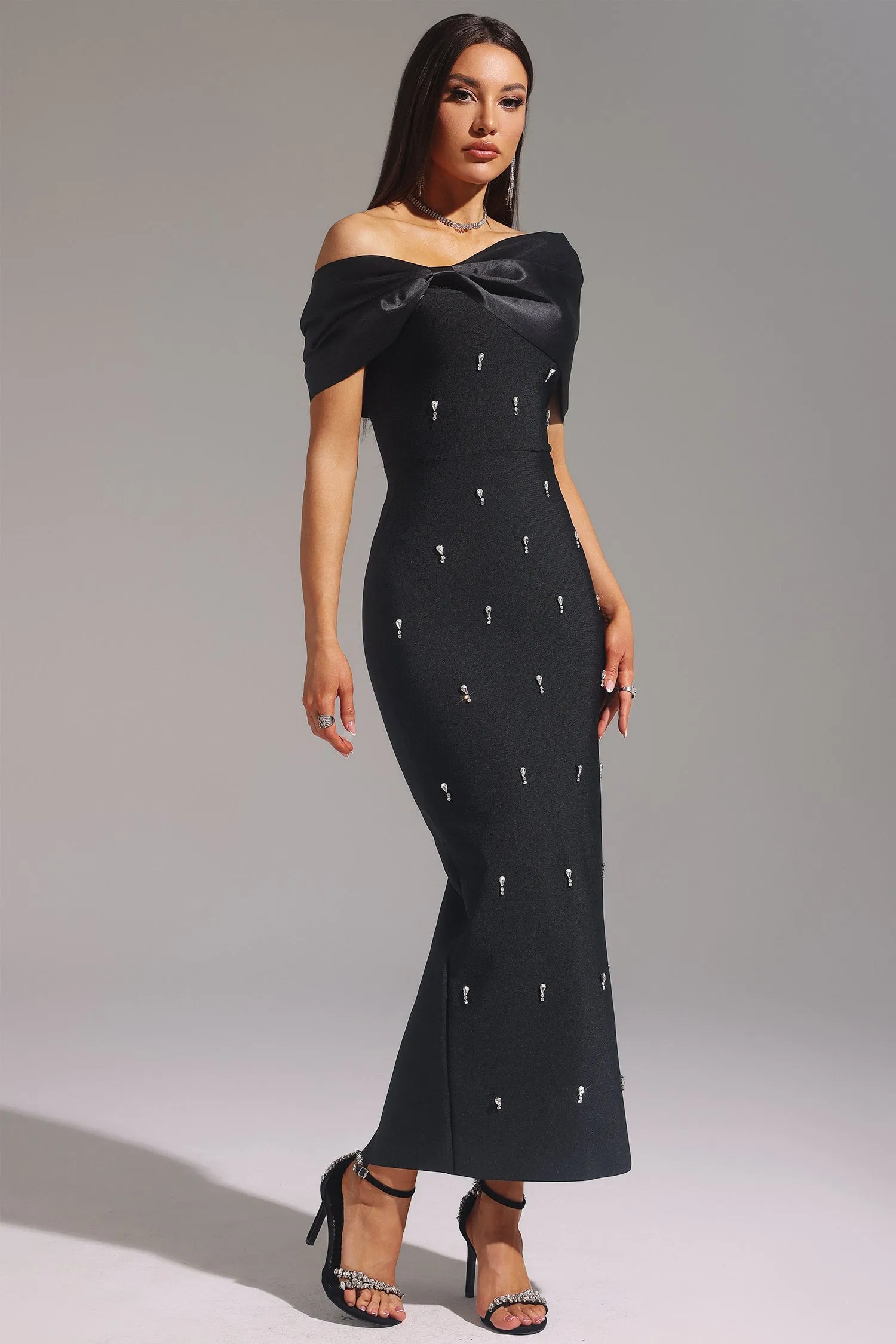 Palez Sleeveless One Shoulder Diamond Bow Bandage Maxi Dress by Bella Barnett sold by Goddiva product image thumbnail 5