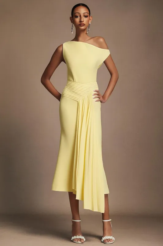 Paulina Oblique Shoulder Sleeveless Folds Midi Dress by Bella Barnett sold by Goddiva