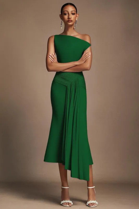 Paulina Oblique Shoulder Sleeveless Folds Midi Dress by Bella Barnett sold by Goddiva