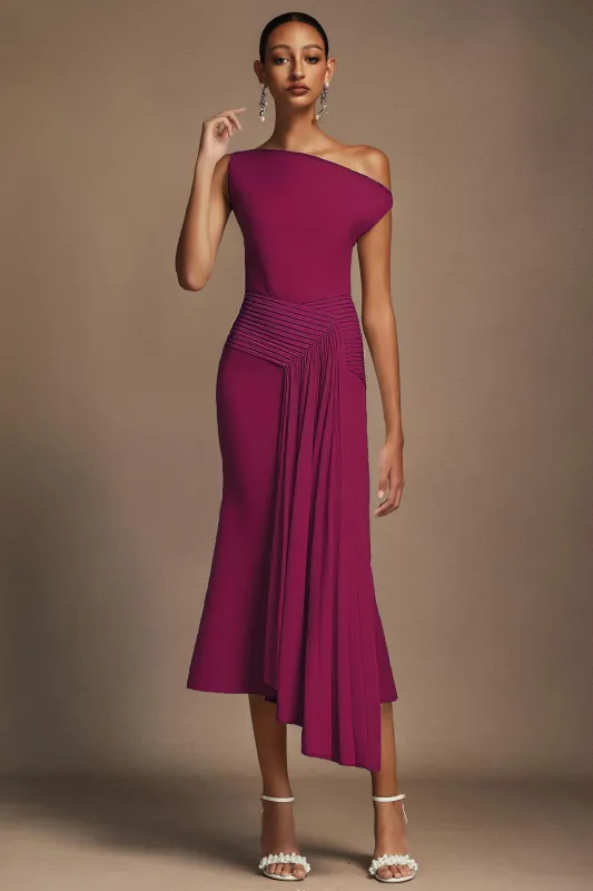 Paulina Oblique Shoulder Sleeveless Folds Midi Dress by Bella Barnett sold by Goddiva