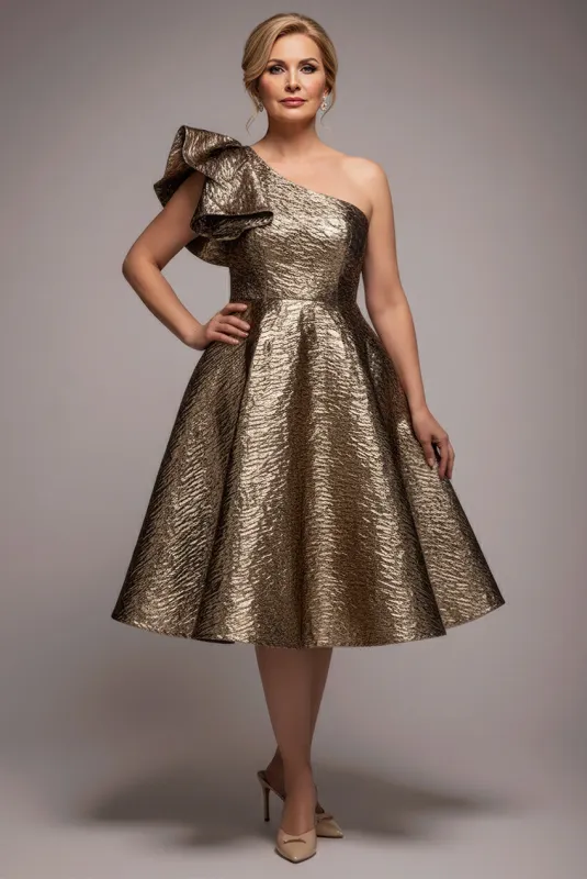 One Shoulder Frill Jacquard Skater Midi Dress - Bronze Gold by Goddiva sold by Goddiva