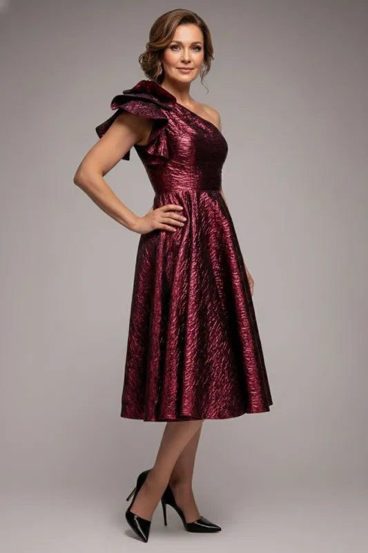One Shoulder Frill Jacquard Skater Midi Dress - Burgundy Red by Goddiva sold by Goddiva