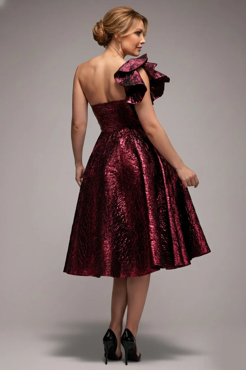 One Shoulder Frill Jacquard Skater Midi Dress - Burgundy Red by Goddiva sold by Goddiva product image thumbnail 2