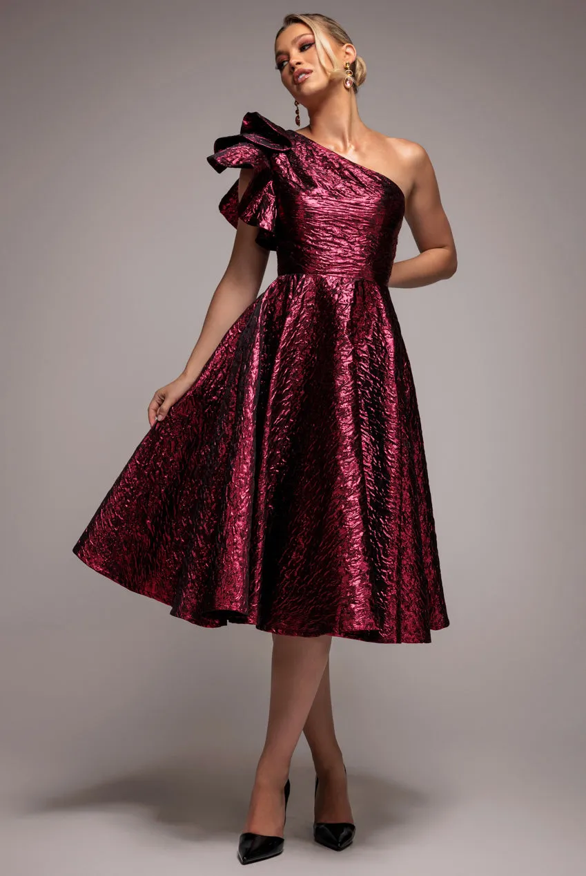 One Shoulder Frill Jacquard Skater Midi Dress - Burgundy Red by Goddiva sold by Goddiva product image thumbnail 2