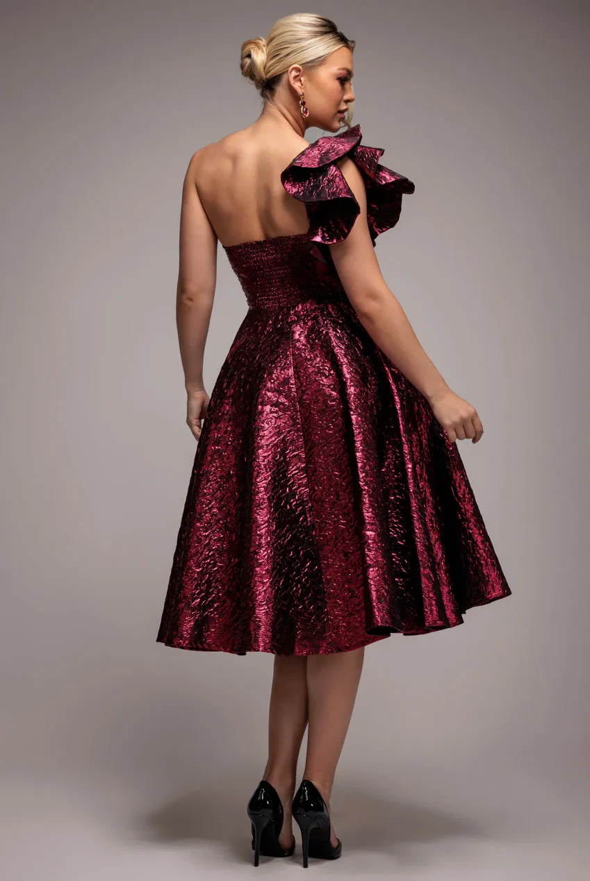 One Shoulder Frill Jacquard Skater Midi Dress - Burgundy Red by Goddiva sold by Goddiva product image thumbnail 3