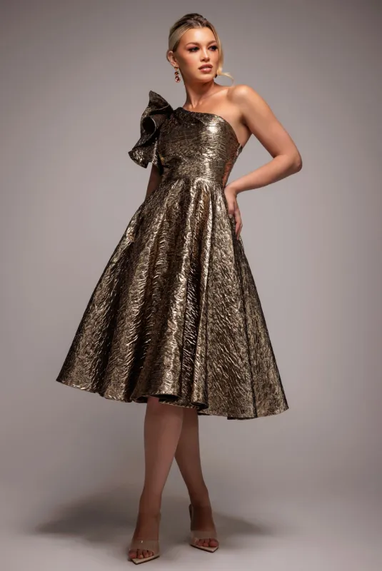 One Shoulder Frill Jacquard Skater Midi Dress - Bronze Gold by Goddiva sold by Goddiva