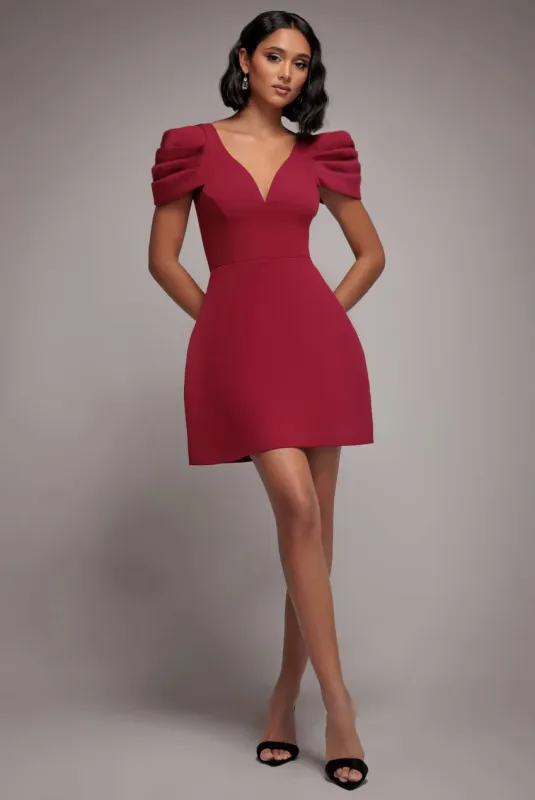 Plunging Neck Pleated Sleeve Scuba Mini Dress - Burgundy Red by Goddiva sold by Goddiva