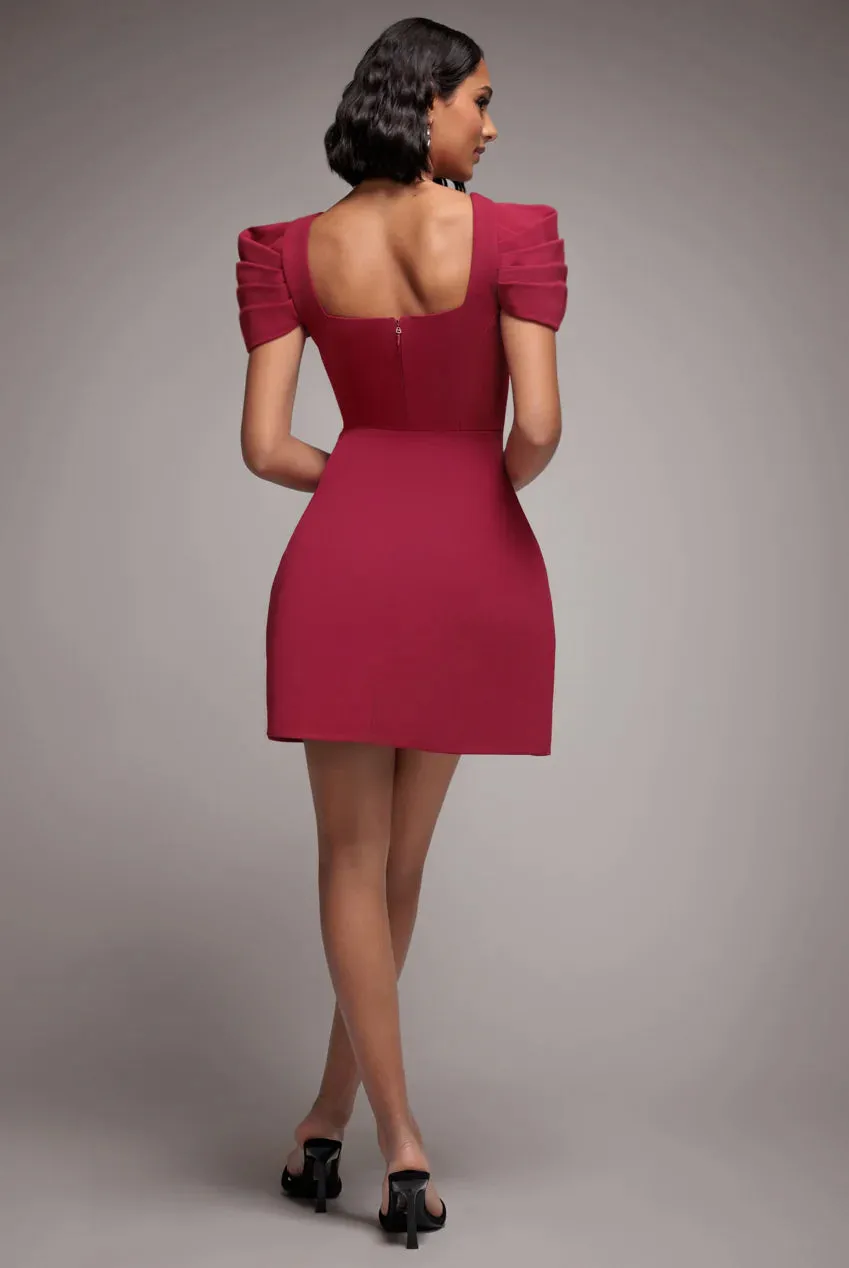 Plunging Neck Pleated Sleeve Scuba Mini Dress - Burgundy Red by Goddiva sold by Goddiva product image thumbnail 2