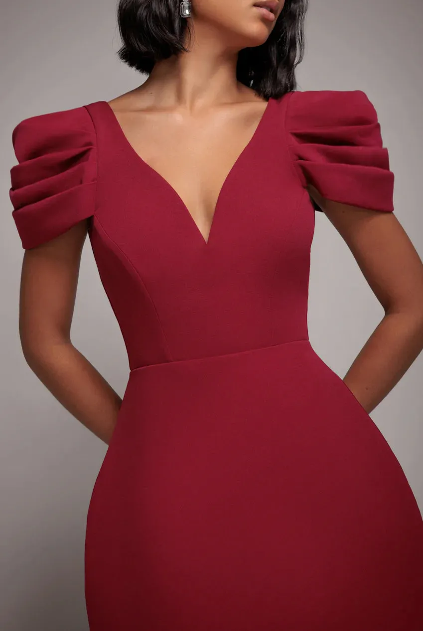 Plunging Neck Pleated Sleeve Scuba Mini Dress - Burgundy Red by Goddiva sold by Goddiva product image thumbnail 3