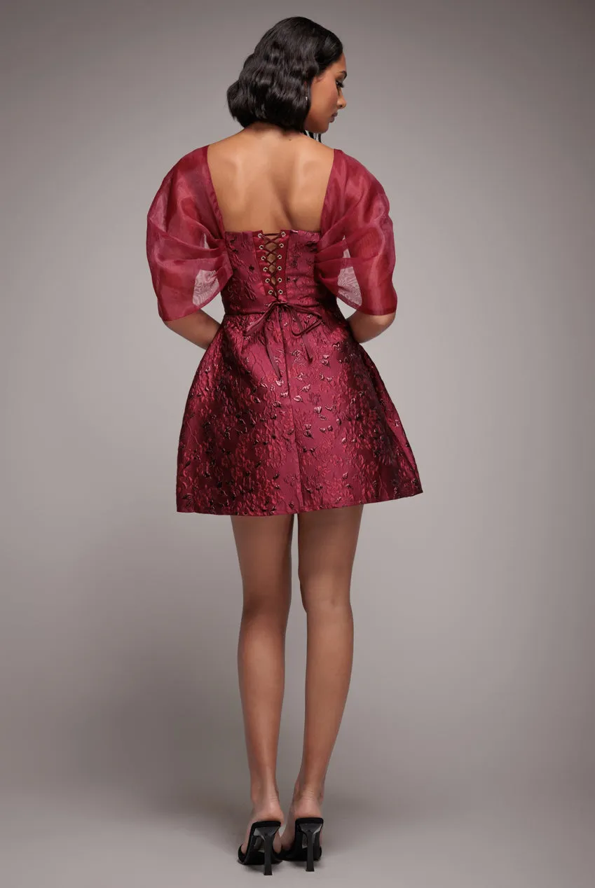 Lace Up Jacquard Mini Dress With Organza Wings - Burgundy Red by Goddiva sold by Goddiva product image thumbnail 4