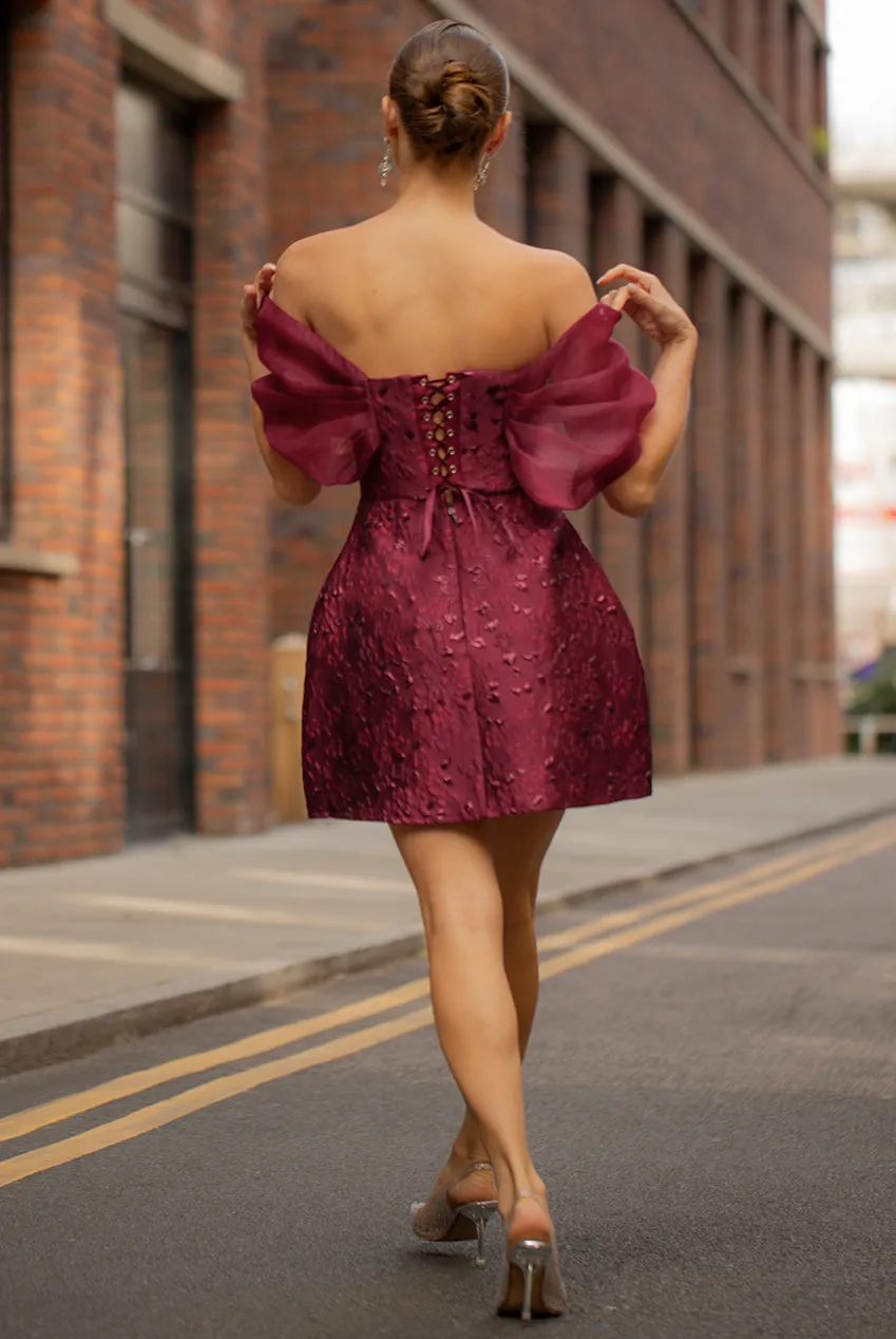 Lace Up Jacquard Mini Dress With Organza Wings - Burgundy Red by Goddiva sold by Goddiva product image thumbnail 2