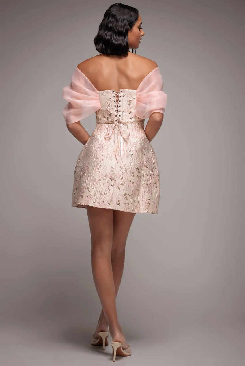 Lace Up Jacquard Mini Dress With Organza Wings - Blush Pink by Goddiva sold by Goddiva product image thumbnail 2