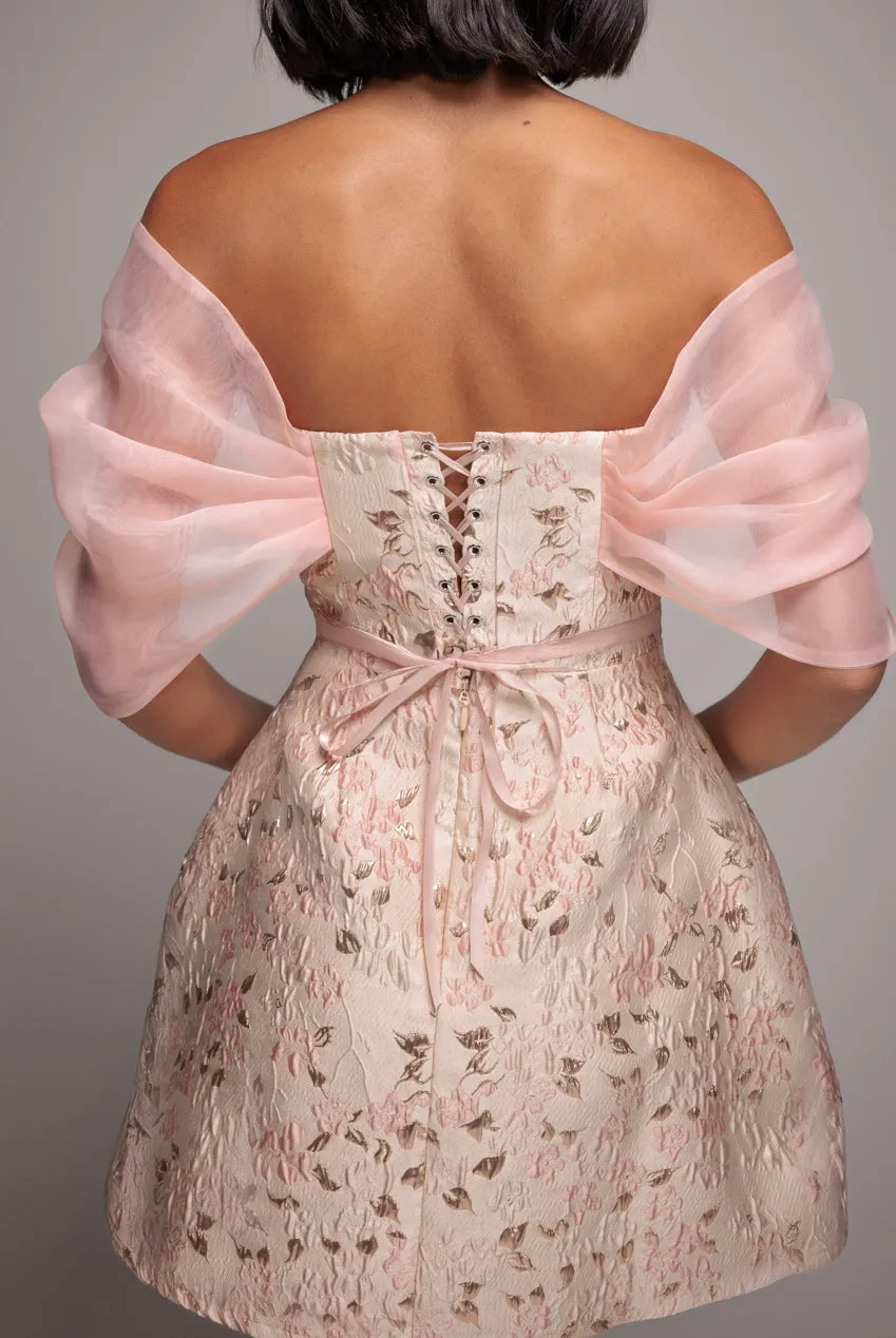 Lace Up Jacquard Mini Dress With Organza Wings - Blush Pink by Goddiva sold by Goddiva product image thumbnail 4