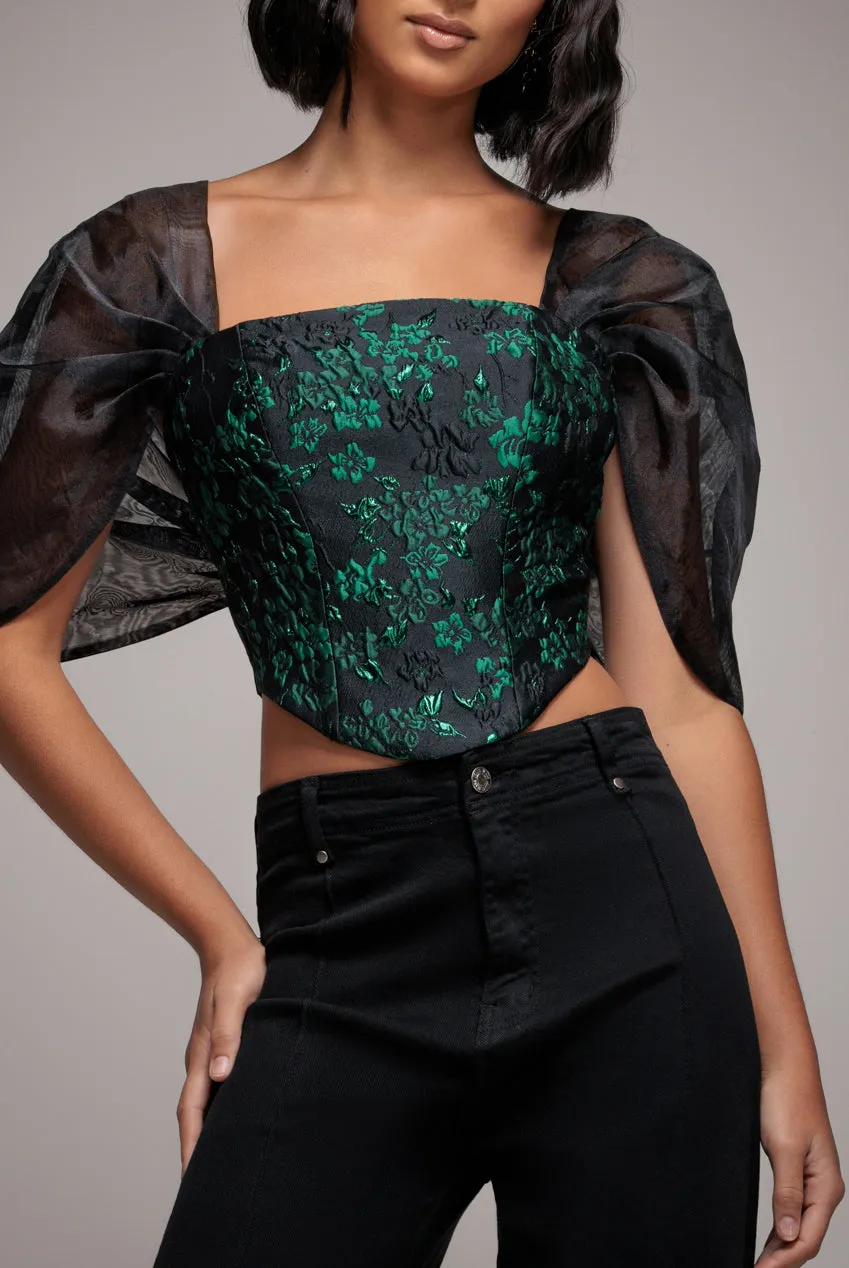 Off Shoulder Jacquard Top With Organza Wings - Emerald Black by Goddiva sold by Goddiva product image thumbnail 4