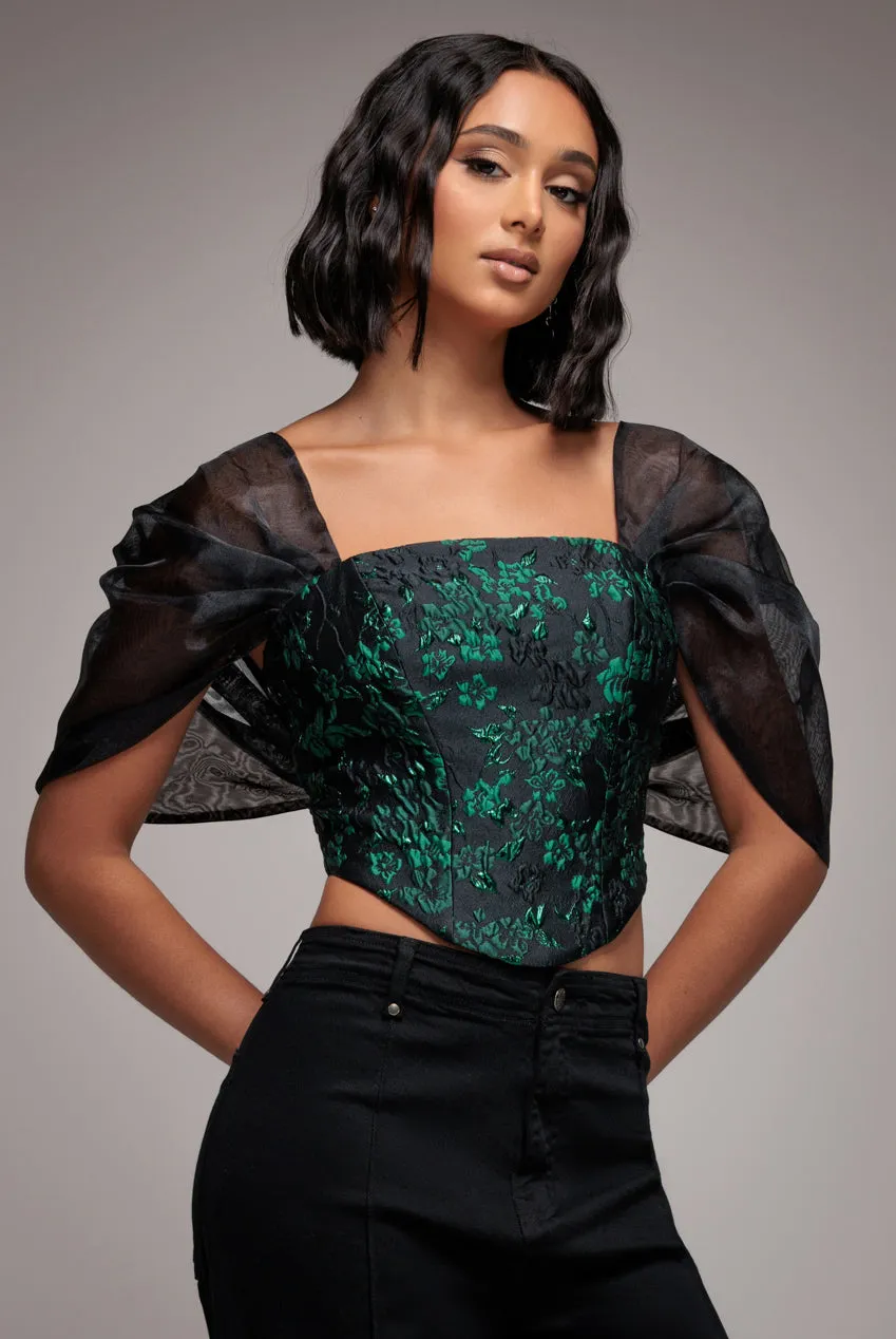 Off Shoulder Jacquard Top With Organza Wings - Emerald Black by Goddiva sold by Goddiva