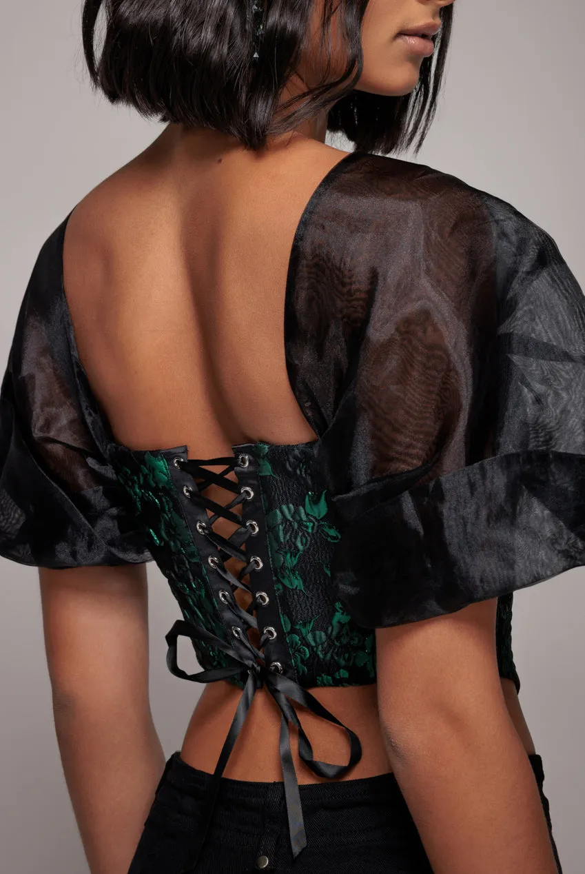 Off Shoulder Jacquard Top With Organza Wings - Emerald Black by Goddiva sold by Goddiva product image thumbnail 5