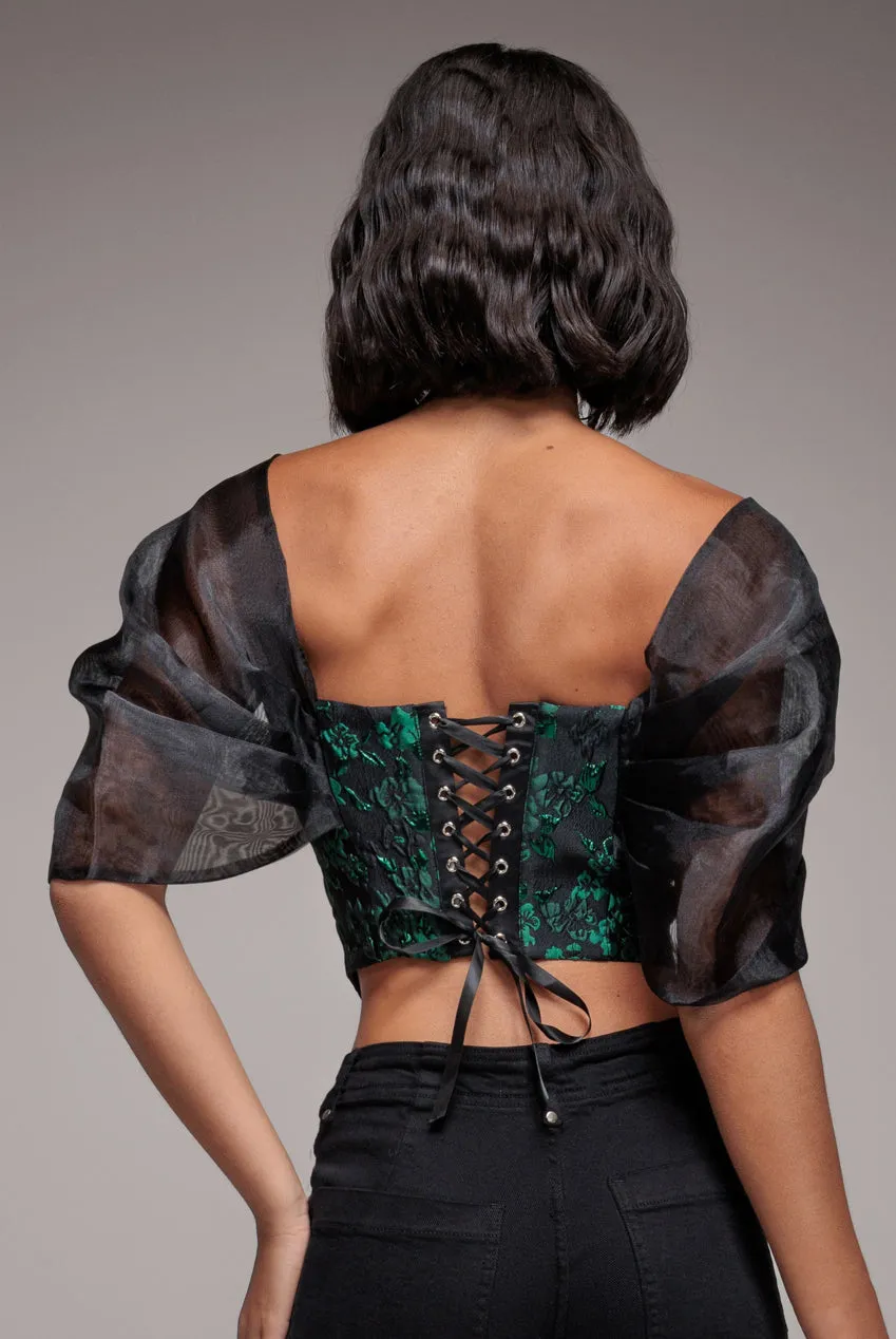 Off Shoulder Jacquard Top With Organza Wings - Emerald Black by Goddiva sold by Goddiva product image thumbnail 2