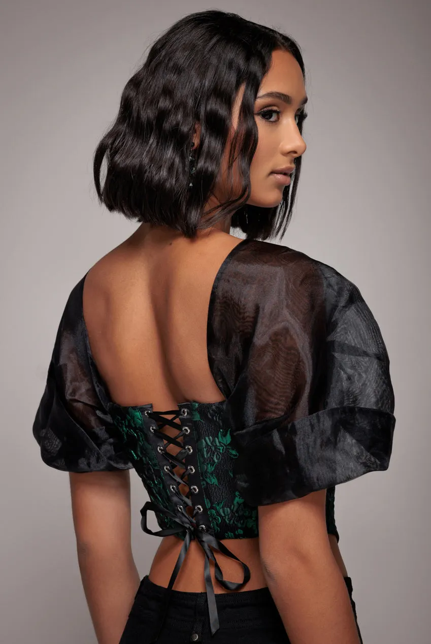 Off Shoulder Jacquard Top With Organza Wings - Emerald Black by Goddiva sold by Goddiva product image thumbnail 3