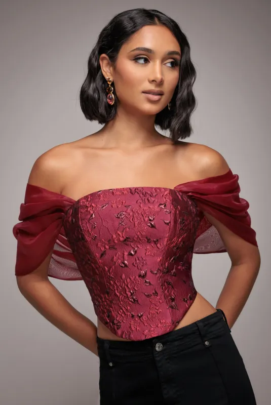 Off Shoulder Jacquard Top With Organza Wings - Burgundy Red by Goddiva sold by Goddiva