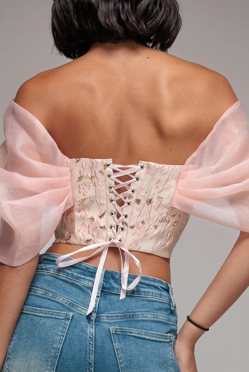 Off Shoulder Jacquard Top With Organza Wings - Blush Pink by Goddiva sold by Goddiva product image thumbnail 4