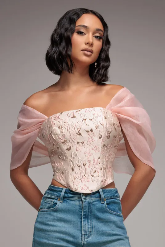 Off Shoulder Jacquard Top With Organza Wings - Blush Pink by Goddiva sold by Goddiva