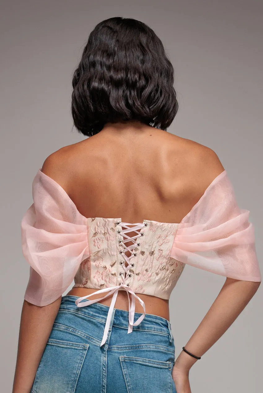 Off Shoulder Jacquard Top With Organza Wings - Blush Pink by Goddiva sold by Goddiva product image thumbnail 2